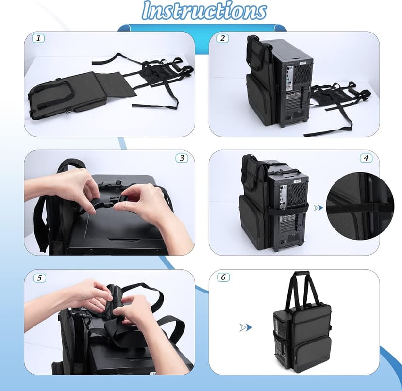 Trunab PC Tower Carrying Strap with Handle, Desktop Carrying Case with Pockets for Keyboard, Cable and Computer Accessories, Ideal for Transporting On The Go (Patented Design)