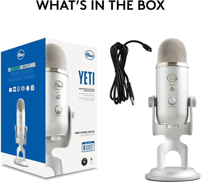 Logitech Creators Blue Yeti USB Microphone for Gaming, Streaming, Podcast, YouTube, Discord, PC, Studio Sound, Plug & Play-Silver