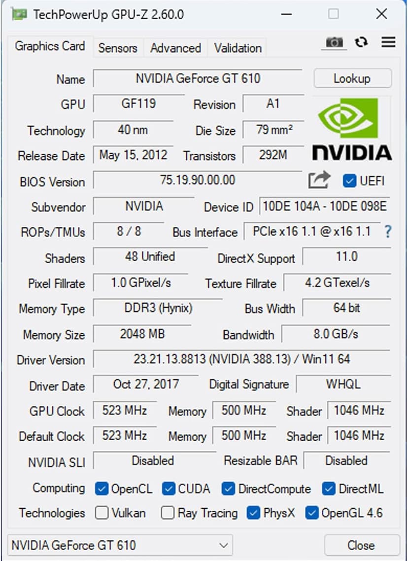GeForce GT 610 2G DDR3 Low Profile Graphics Card, PCI Express 1.1 x16, HDMI/VGA/DVI, Entry Level GPU for PC, SFF and HTPC, Compatible with Win11