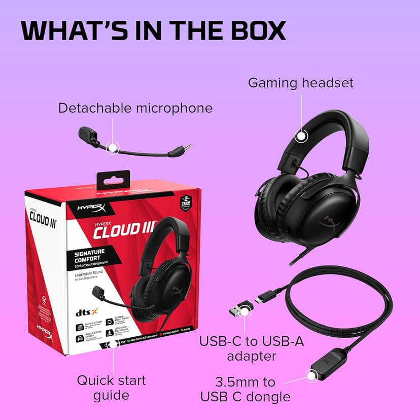 HyperX Cloud III – Wired Gaming Headset, PC, PS5, Xbox Series X|S, Angled 53mm Drivers, DTS Spatial Audio, Memory Foam, Durable Frame, Ultra-Clear 10mm Mic, USB-C, USB-A, 3.5mm – Black