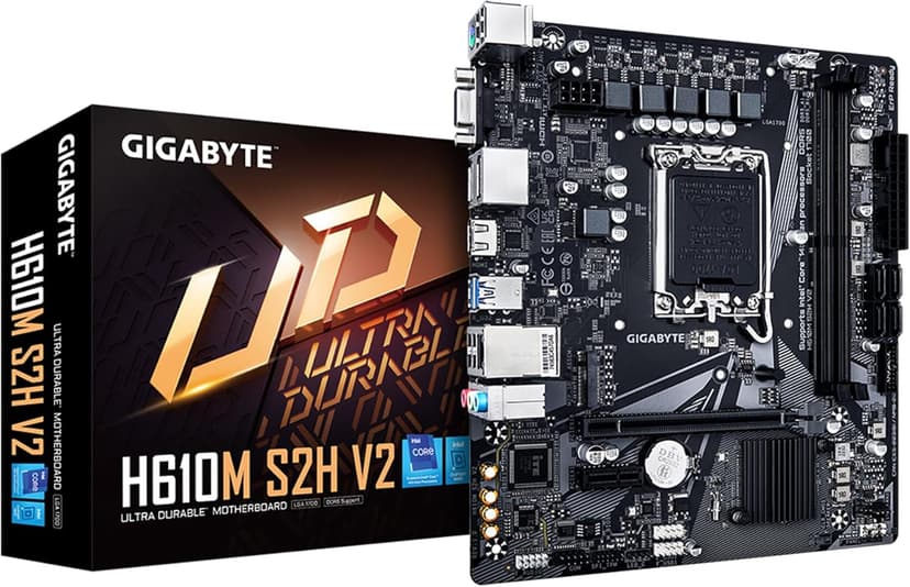 GIGABYTE H610M S2H V2 Motherboard, Supports 14th/13th/12th Gen Intel Core Processors (LGA 1700), mATX, DDR5, 1x M.2, PCIe 4.0, USB-C, HDMI, 2X DisplayPort, D-Sub, 1GbE LAN