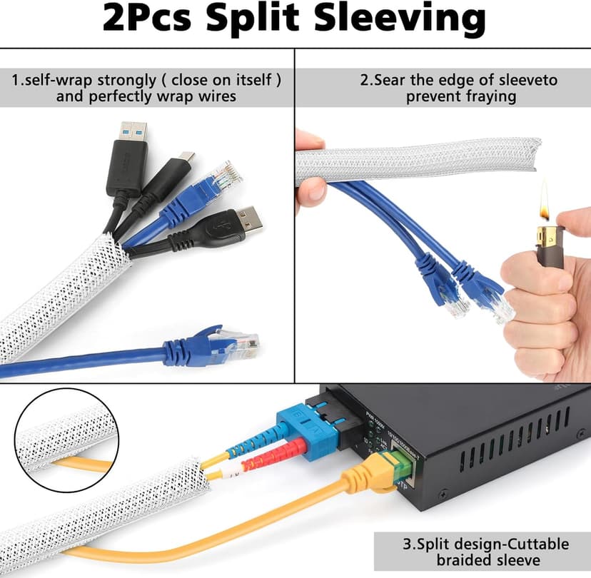 White Cable Management Organizer Kit, 2 Wire Sleeve Protector, 41 Self Adhesive Cable Clips Holder, 10pcs+2 Roll Reusable Cable Ties and 100 Cable Zip Ties for TV Computer Cord Tidy Under Desk