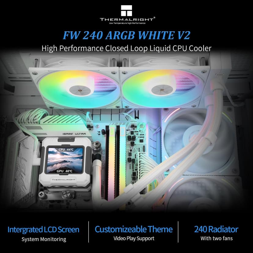 FW240 White ARGB V2 CPU Water Cooler with 2 PWM Fans with 2000RPM,IPS LCD Screen with 320 * 240 Resolution,Liquid CPU Cooler,CPU PC Aio Cooler for AMD:AM4/AM5/Intel LGA1700
