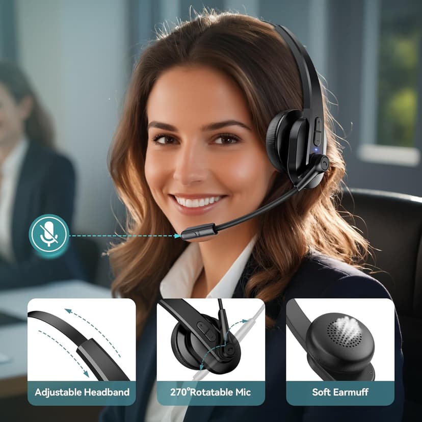 Bluetooth Headset with USB Dongle for Computer, Single-Ear Wireless Headset with Noise Cancelling Microphone for Office & Truckers, Bluetooth V5.2 with Mute Button for Work