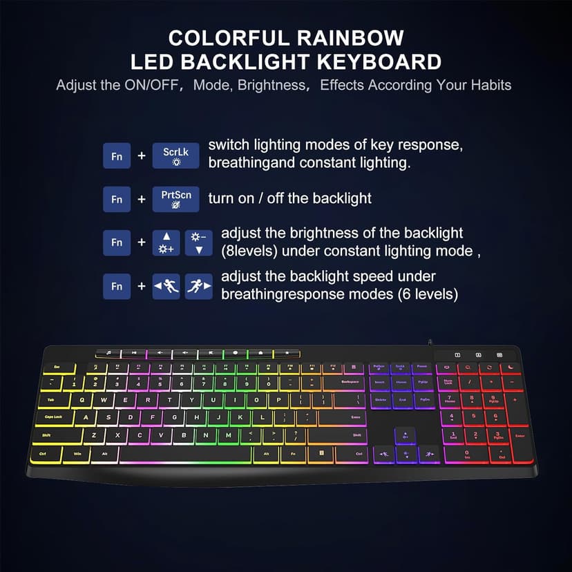 Computer Keyboard Wired,7-Color Rainbow LED Backlit, Quiet Light Up Keyboard with Multimedia Keys,Low Profile Chiclet Keys,Large Number Pad,Spill-Resistant, Anti-Wear Letters for Windows Mac PC Laptop