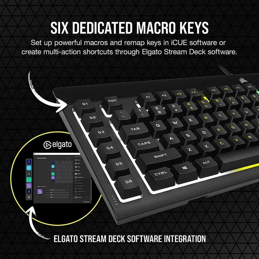 Corsair K55 RGB PRO Membrane Wired Gaming Keyboard – IP42 Dust and Spill-Resistant – 6 Macro Keys with Elgato Integration – iCUE Compatible – QWERTY NA – PC, Mac, Xbox – Black
