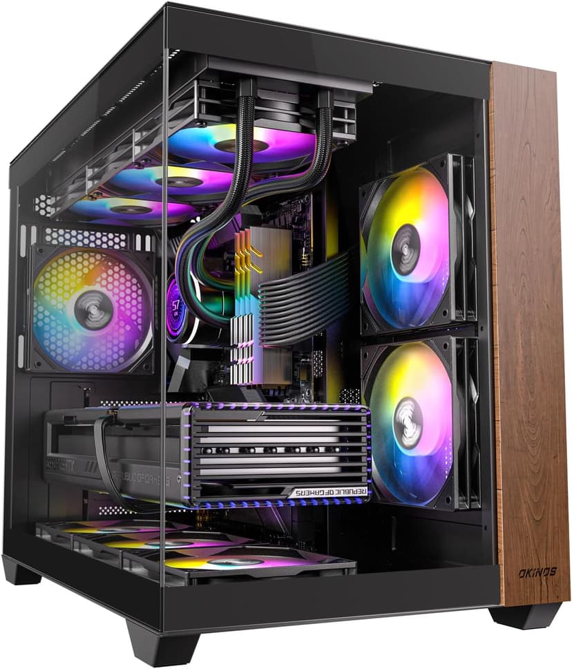 Genuine Walnut Wood PC Case, Pre-Installed 4 x 120mm ARGB & PWM Fans, Type-C Port, Panoramic View Tempered Glass Side Panel, Black, ATX Case, Mid-Tower, Mirage 6