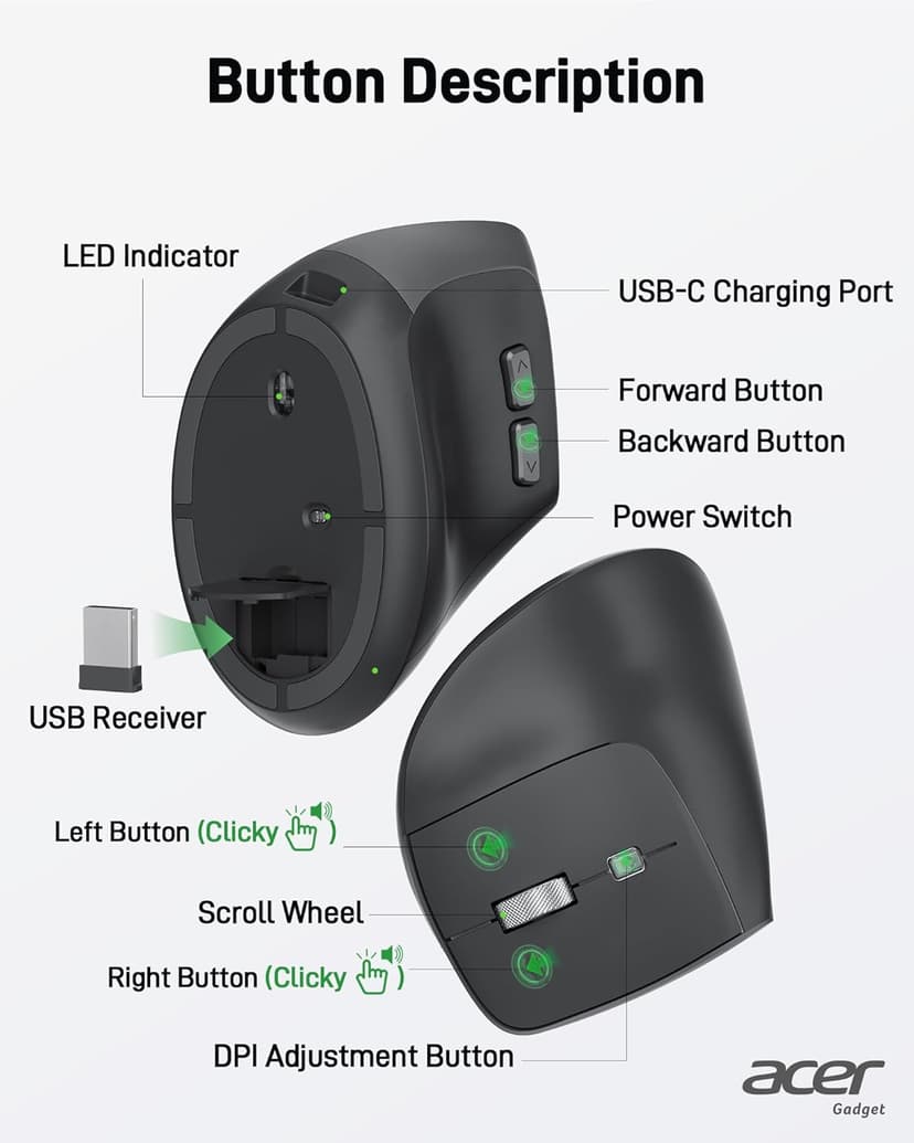 acer Ergonomic Mouse Wireless, 1000/1200/1600 Adjustable DPI Vertical Mouse with 6 Buttons, Rechargeable Ergo Mice with 2.4GHz USB Receiver for Computer, Laptop, PC, iMac and Desktop