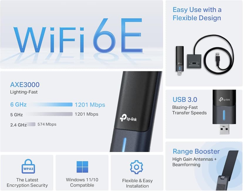 TP-Link WiFi 6E USB Adapter for Desktop PC - (Archer TXE50UH) AXE3000 Tri-Band Wireless Network Adapter, Ultra-Low Latency, MU-MIMO, OFDMA, Refined Security, WPA3, Supports Windows 11/10