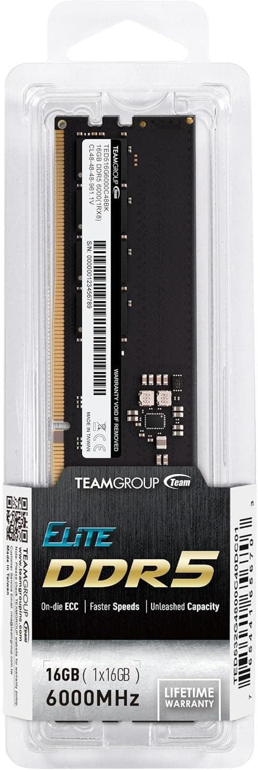 TEAMGROUP Elite DDR5 16GB 6000Mhz PC5-48000 CL48 Non-ECC Unbuffered UDIMM 288 Pin PC Computer Desktop Memory Module Ram Supports Intel & AMD TED516G6000C4801