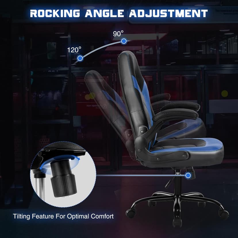 DUMOS Ergonomic Computer Gaming Chair - Home Office Desk with PU Leather Lumbar Support, Height Adjustable Big and Tall Video Game with Flip-up Armrest, Swivel Wheels for Adults and Teens