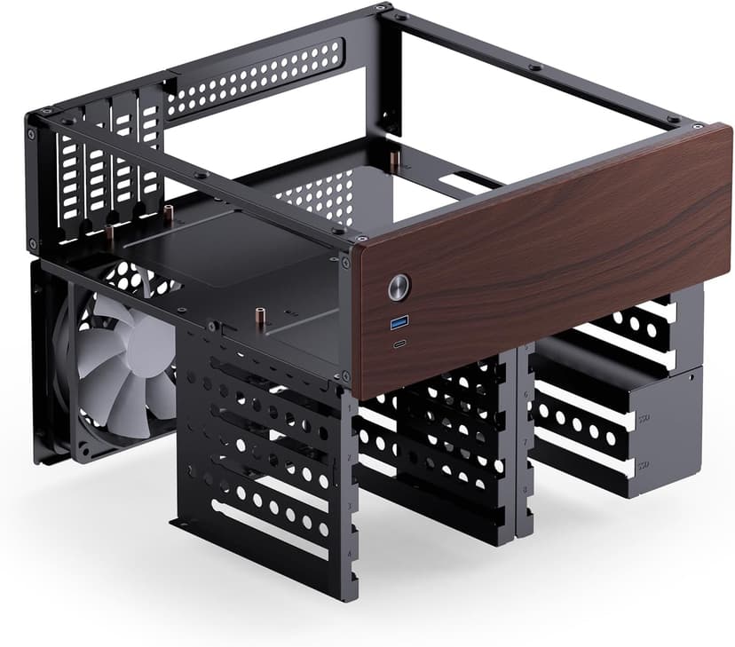 JONSBO N4 Black NAS Pc Case, Walnut Wood, 8-Drive Bay/6 * 3.5 "HDD (4 hot-swap,2 Non hot-swap),2 * 2.5SSD,Micro ATX Chassis, USB3.2Gen2Type-C, 1x120mm Fan Built-in, Black