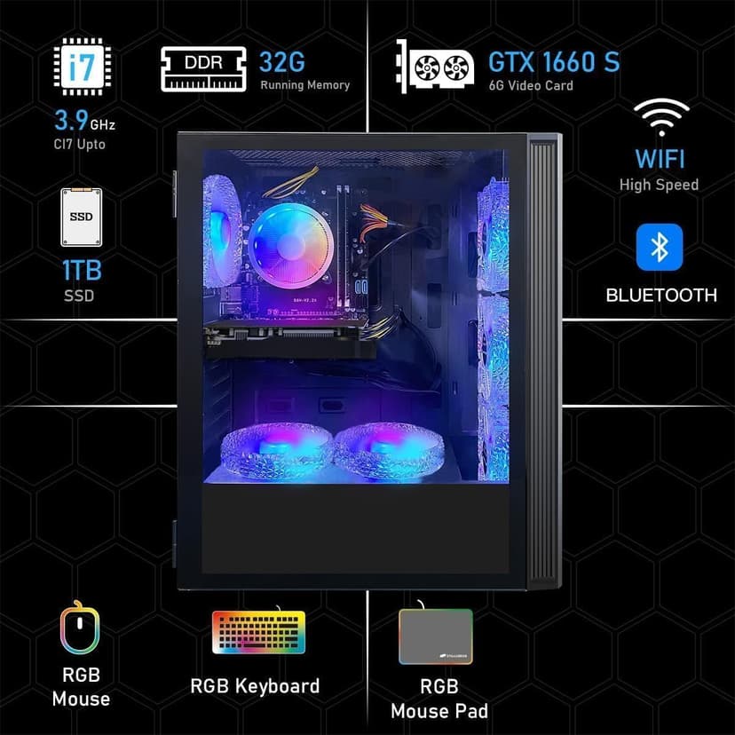 STGAubron Gaming Desktop PC, Intel Core i7 up to 3.9GHz, GeForce GTX 1660 Super 6G, 32G RAM, 1T SSD, 600M WiFi, BT 5.0, RGB Fan x6, RGB BT Sound Bar, Windows 10 Home