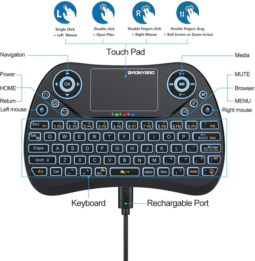 Mini Wireless Keyboard with Touchpad Mouse, 2.4GHz Portable Handheld Keyboard with QWERTY Keypad,RGB Backlit,Rechargeable Battery for Android TV Box/Mac/PC/Nvidia Shield