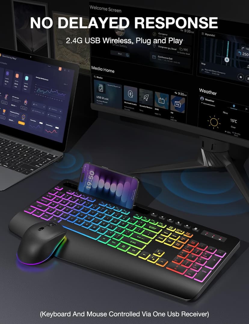 Wireless Keyboard and Mouse Combo, 9 Backlit Effects, Wrist Rest, Phone Holder, 2.4G Lag-Free Ergonomic Keyboards, Rechargeable Silent Cordless Set for Computer, Laptop, PC, Mac, Windows -SABLUTE
