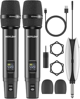 Wireless Microphones,Metal Microphone with Dual Professional UHF Cordless Dynamic System,Rechargeable Microphone Receiver for Karaoke Singing, Wedding,Party, DJ, Speech, Church, Class Use,240ft