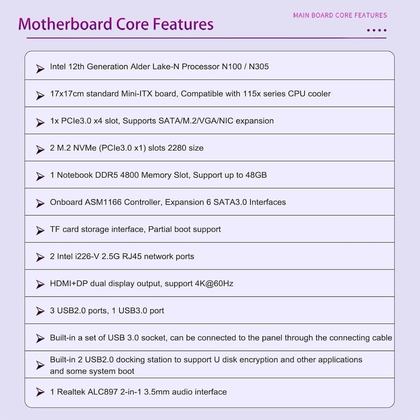 N150 Industrial Motherboard NAS 4 Cores 4 Threads Low Power Processor 2x2.5G i226 Network M.2 Slot 6xSATA 2* M.2 NVMe 2280, 1* PCIe 3.0x4, 1* TF Slot, Dual 4K Display, 6* USB