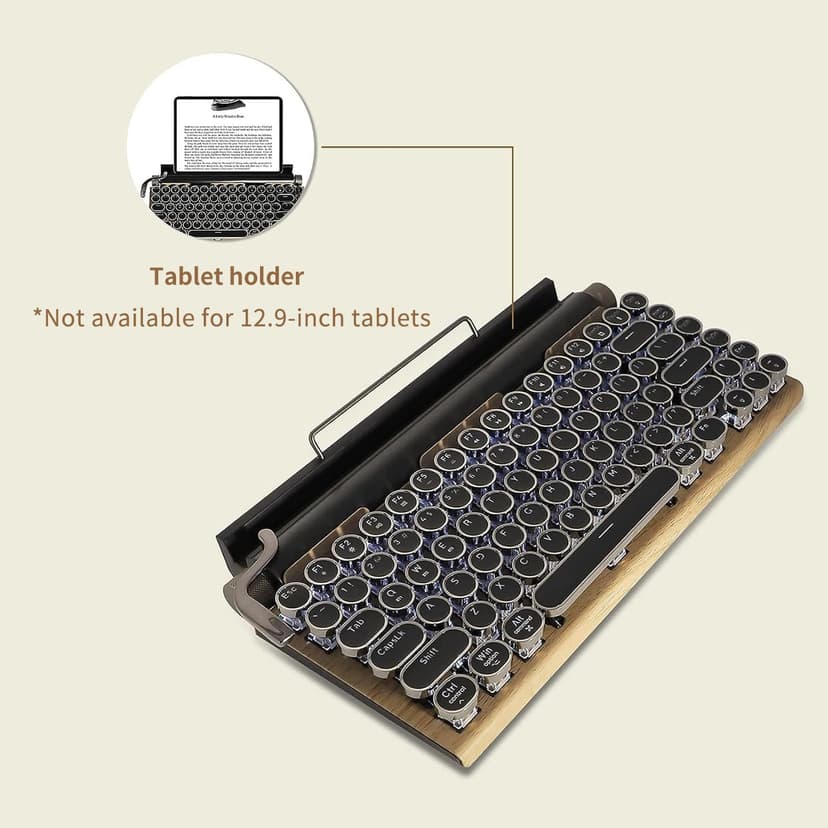 Adventurers Typewriter-Style Retro Mechanical Keyboard LED Backlight 83 Keys Bluetooth 5.0 Blue Axis Wood Color Panel Compatible with iOS/Android/Windows/Vista/Linux/Mac Office/Gaming, 12.8x6.6x1.6in