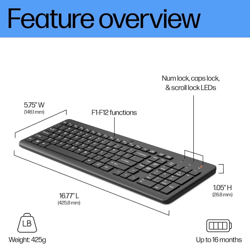 HP 220 Wireless Keyboard - 2.4GHz Connectivity w/Data Encryption - Low-Profile Chiclet Keys - Win/Mac - Laptop, PC Compatible - Shortcut Keys & Num Pad - LED Num, Caps, & Scroll Lock