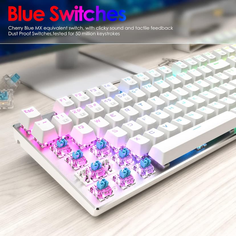 HUO JI E-Yooso Z-88 RGB Mechanical Gaming Keyboard USB Wired, Customizable RGB Backlit, Blue Switches - Clicky, Metal Panel, 104 Keys for Mac, PC, Silver+White