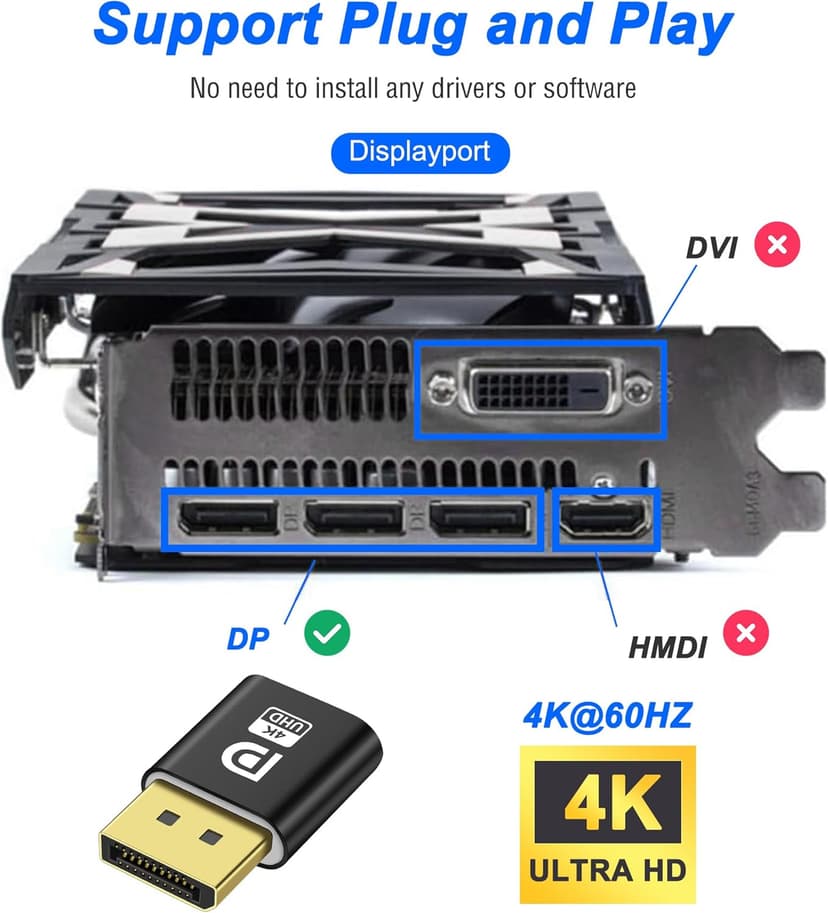 MEIRIYFA Display Port Headless Ghost Display Emulator, 4K Displayport Dummy Plug EDID Emulator Virtual Display Adapter for Crypto Mining, Remote Servers, Virtual Desktops (2Pcs)