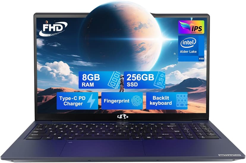 NIMO 15.6 IPS-FHD-Laptop, Intel Pentium 4 Cores N100 8GB RAM 256GB SSD Backlit Keyboard Fingerprint (Beat to i3-1115G4 Up to 3.4GHz) Computer for Student-Home WiFi 6 BT5.2 Win 11