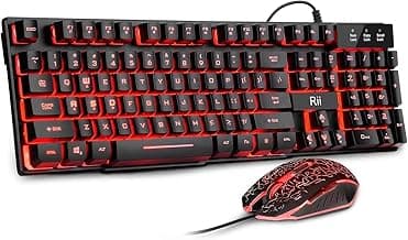 Rii Gaming Keyboard and Mouse Set, 3-LED Backlit Mechanical Feel Business Office Keyboard, Colorful Breathing Backlit Mouse for Working or Primer Gaming, Office Device (RK108)