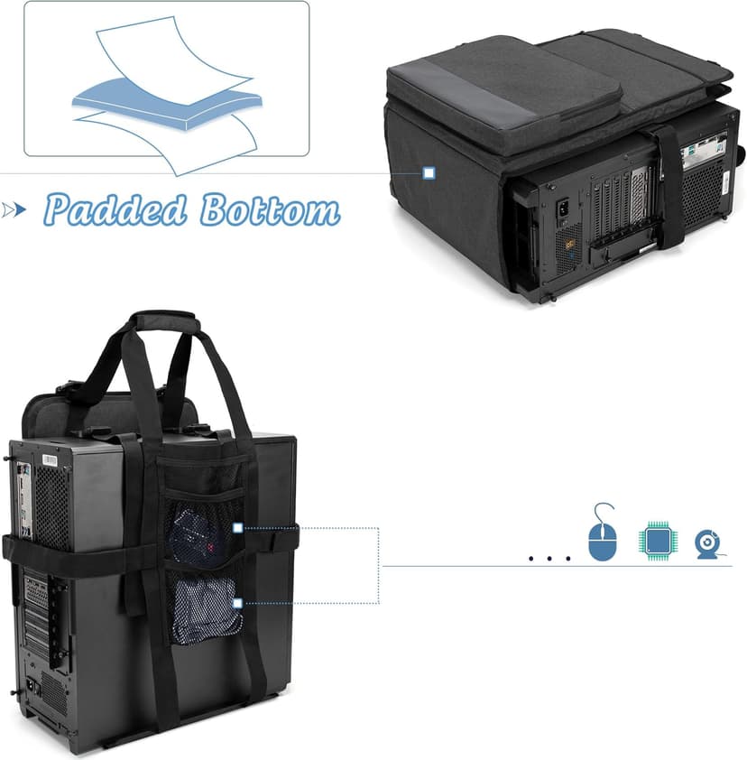 Trunab PC Tower Carrying Strap with Handle, Desktop Carrying Case with Pockets for Keyboard, Cable and Computer Accessories, Ideal for Transporting On The Go (Patented Design)