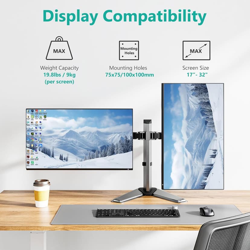 WALI Dual Monitor Stand for Desk, Computer Monitor Stands for 2 Monitors up to 32inch inches, Dual Monitor Mount Fits up to 19.8lbs, Free Standing Full Motion Monitor Arm for Desk (MF002N), Black