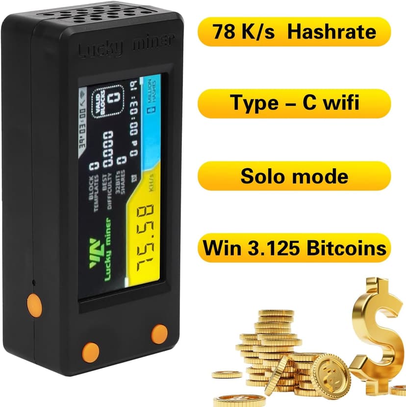 Bitcoins Miner Lotto Mining Device 78K/S 2.4G WiFi/Hotspot SHA-256 Asic Chip BM1366 Portable LV02 Micro Silent Cryptocurrency Home Use BTC Miner Machine Solo Miner