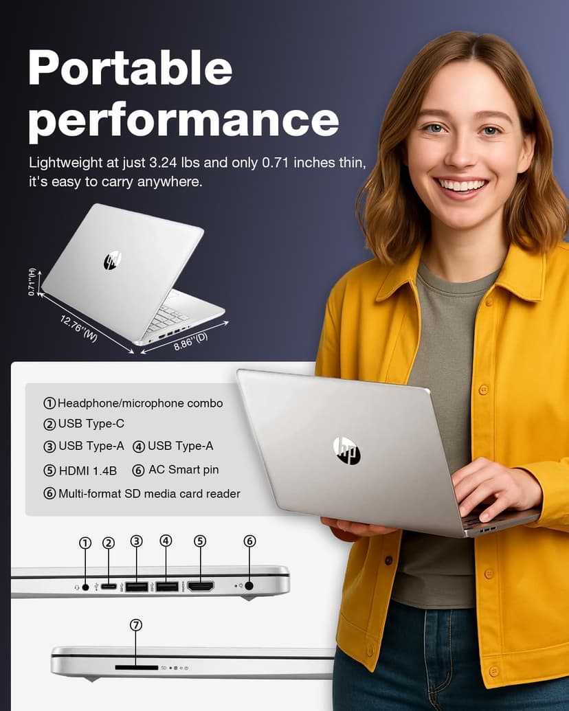 HP Ultra-Portable Laptop for Student and Business - 14" HD Display • Intel 4-Core N150 • Windows 11 Pro • Microsoft Office Lifetime & External DVD Drive • 16GB RAM • 128GB UFS + 256GB Micro SD