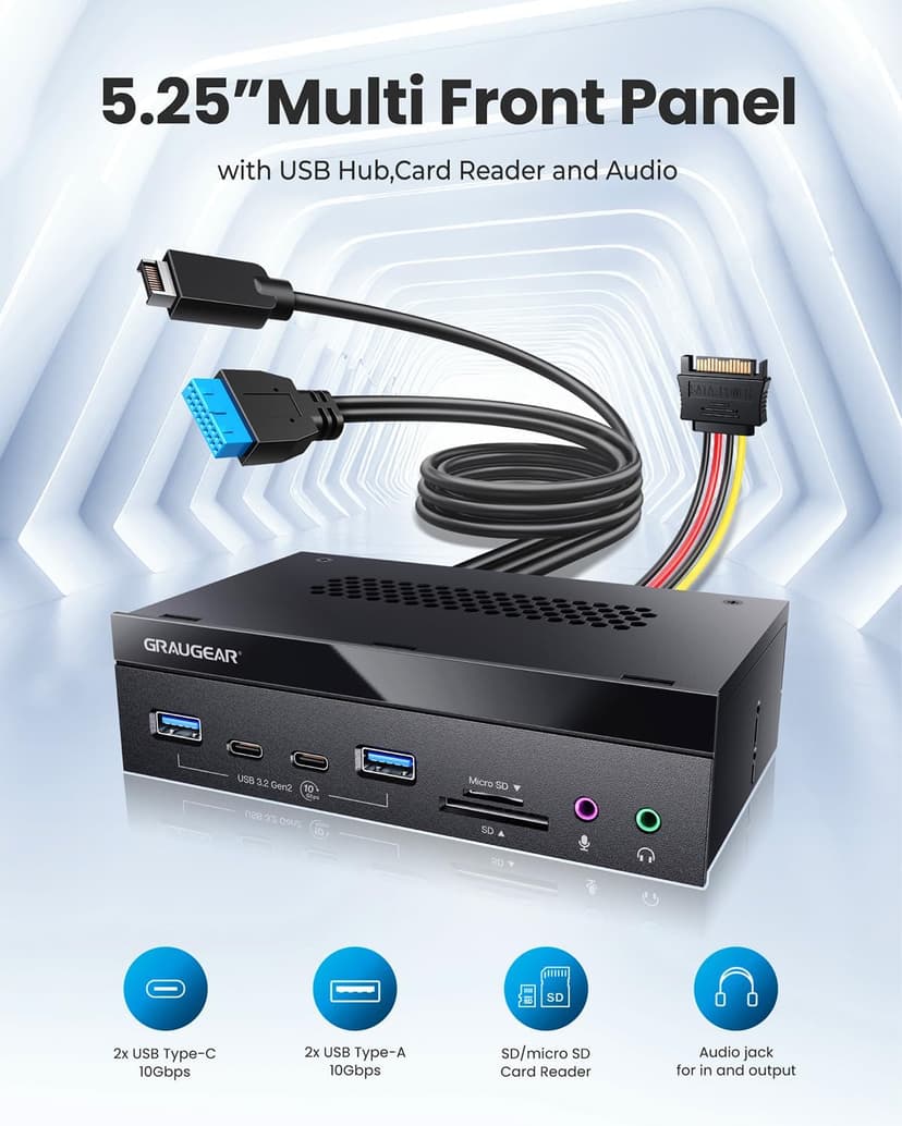 GRAUGEAR 5.25 Inch 10Gbps USB 3.2 PC Front Panel Card Reader with Audio Ports, SD/microSD Internal Card Reader, USB3.2 Type-E Key-A 20-Pin Header & USB3.0 Header & 15-Pin SATA Power Connector Required