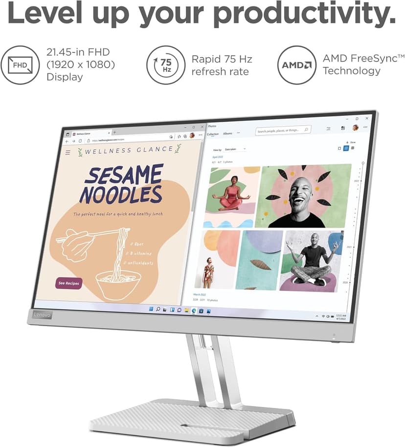 Lenovo L22e-40 Monitor, 21.45” FullHD Resolution, 250 nits Brightness, 75Hz Refresh Rate, AMD FreeSync, HDMI and VGA Ports, Tilt-Adjustable Stand, Natural Low Blue Light, Cloud Grey