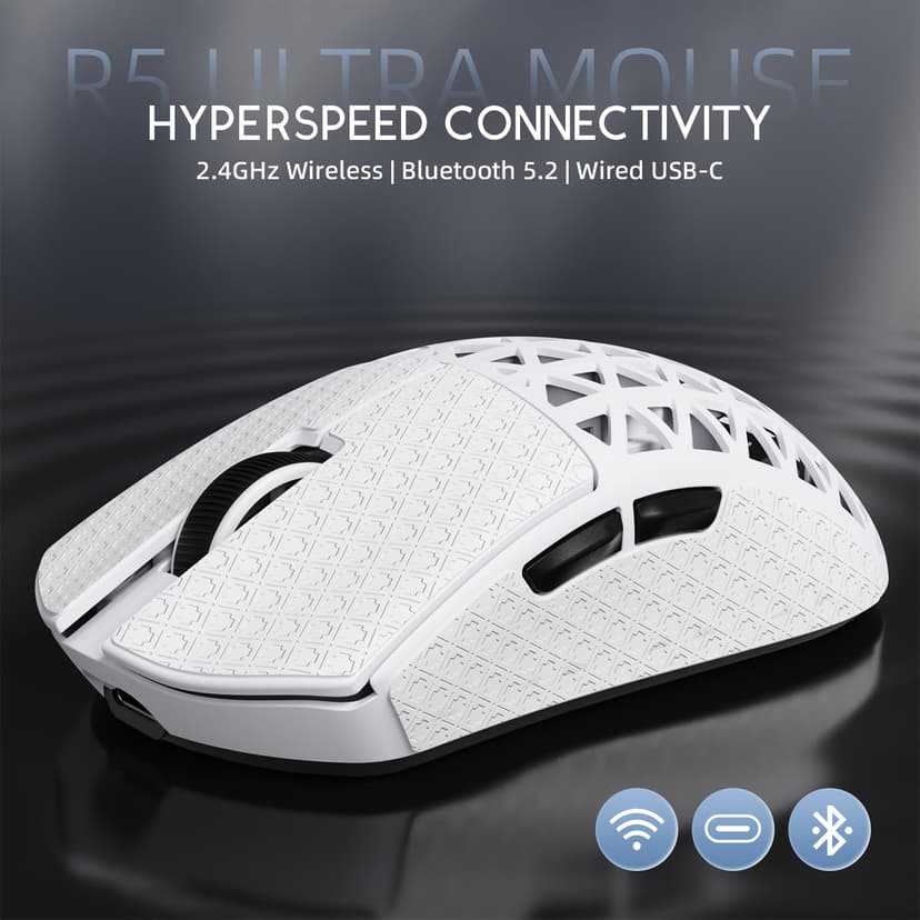 R5Ultra 8K Carbon Fiber Wireless Gaming Mouse with 42,000 DPI -PAW3950 MAX Sensor -Nordic 52840 MCU Chip-39g Ultra-Lightweight -Wired/BT/2.4GHz Wireless Programmable Mice Griptape for PC/Mac(White)