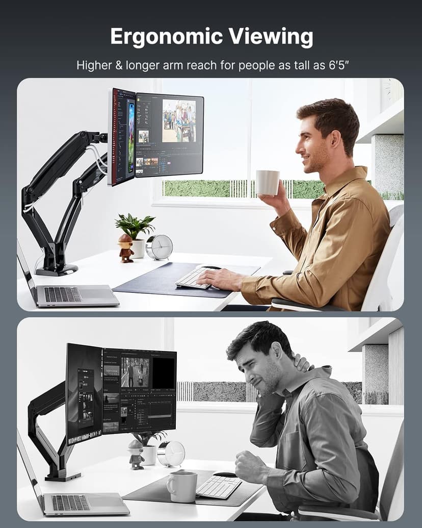 HUANUO Dual Monitor Stand for 13 to 40 inch, Premium Dual Monitor Mount with USB, Height Adjustable Monitor Stand for 2 Monitors, VESA Mount with Clamp/Grommet Base, Each Arm Hold up to 26.4lbs, Black