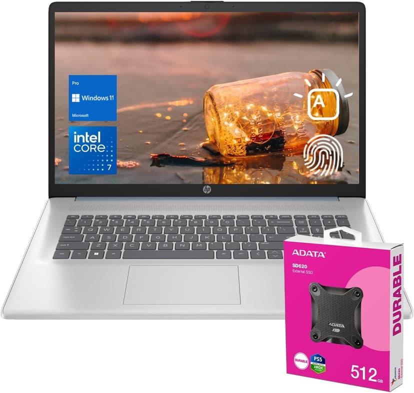 HP 2025 Essential Laptop, 17.3" FHD, Intel Core 7 150U (Beats I7 1335U), 16GB RAM, 1TB SSD, Fingerprint Reader, Backlit Keyboard, Wi-Fi 6, Win 11 Pro, Blue, Bundle with ADATA 512 External SSD