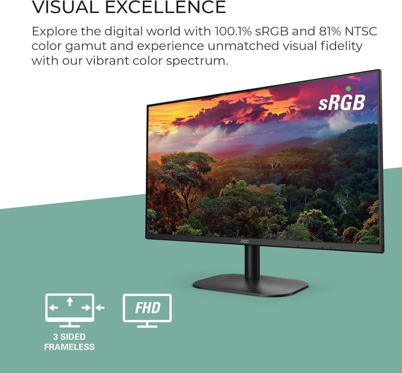 AOC 24B2H2 24” Frameless IPS Monitor, FHD 1920x1080, 100Hz, 106% sRGB, for Home and Office, HDMI x2, Low Blue Mode, VESA Compatible, Black