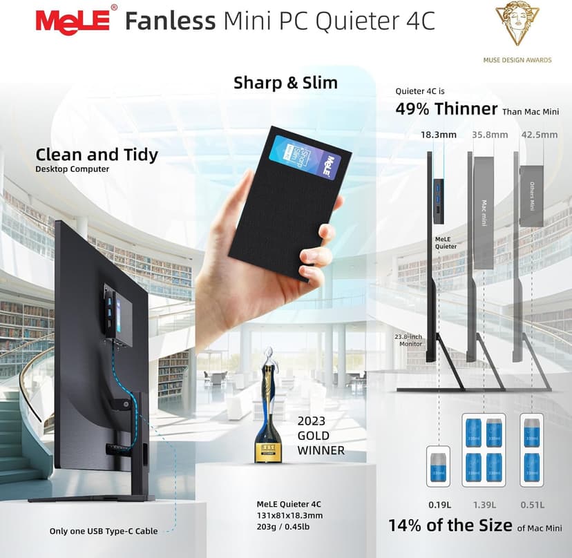 MeLE Mini PC Quieter 4C - 12th Gen N100, Fanless PC, 16GB Memory, 512GB Storage,with Windows 11 Pro, 2.4/5G Wi-Fi, Full-Functional USB-C, 4K Triple Display Desktop