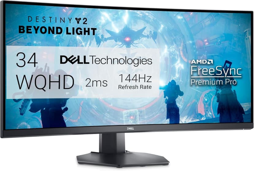 Dell S3422DWG Curved Gaming Monitor - 34 Inch 1800R Curved Screen with 144Hz Refresh Rate, WQHD (3440 x 1440) Display, HDMI, DP to DP 1.4 Cable, AMD FreeSync - Black
