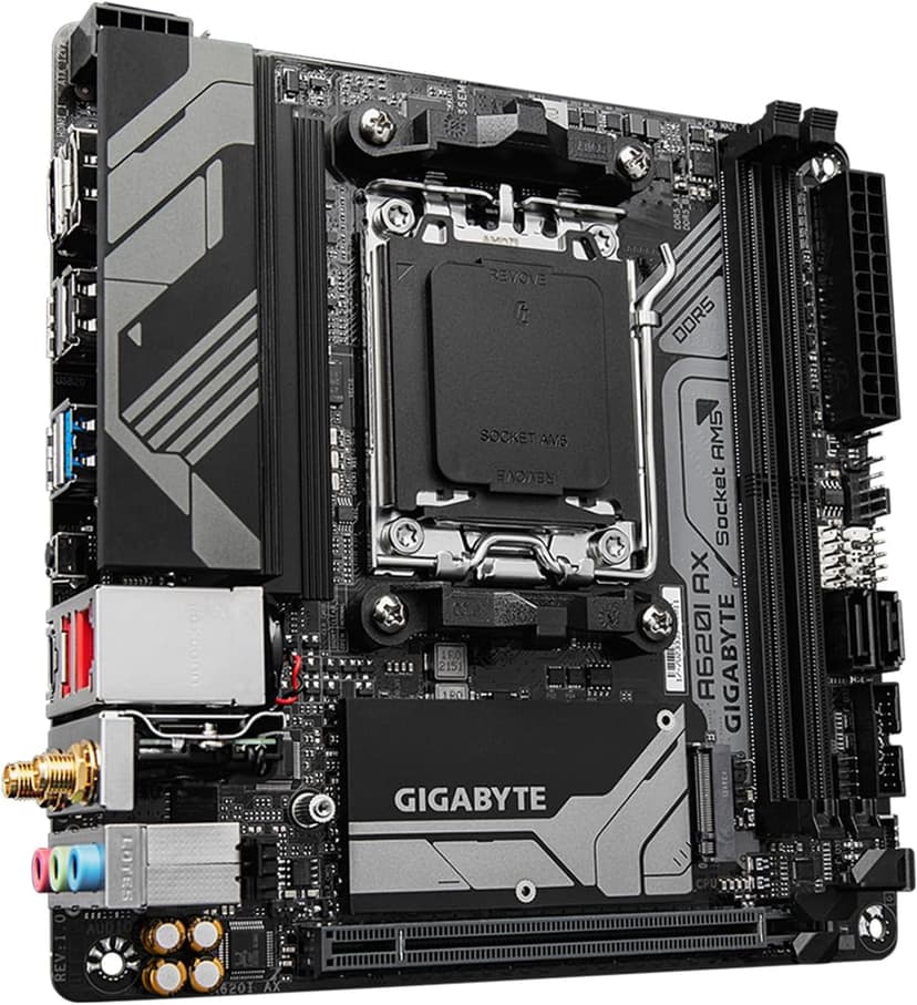 GIGABYTE A620I AX (AM5/ LGA 1718/ AMD/ A620/ Mini-ITX/ 5-Year Warranty/ DDR5/ Single M.2/ PCIe 4.0/ USB 3.2 Gen1 Type-C/Realtek Wi-Fi 6E/ Realtek 2.5GbE/ Q-Flash Plus/PCIe EZ-Latch/Motherboard)