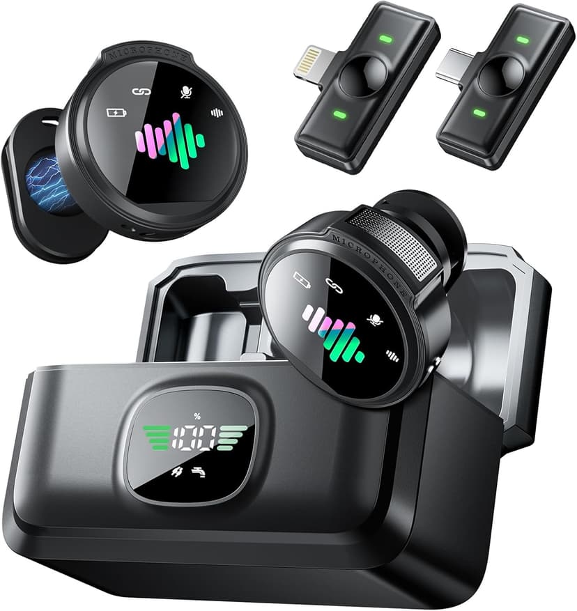 Wireless Lavalier Microphone for iPhone: Mini Wireless Microphones for Android Equipment - Noise Reduction Lapel Mic for Professional Recording - 80h Battery Life - 48KHz Studio Sound