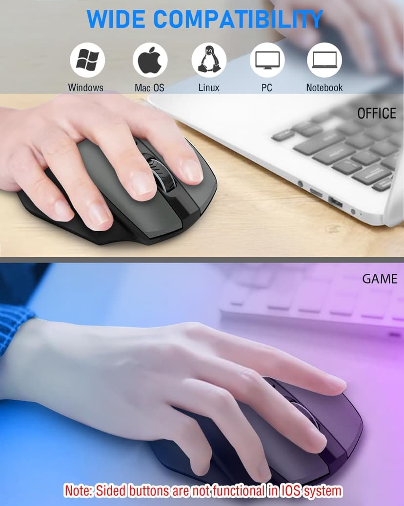 E-YOOSO Wireless Mouse, 2.4G USB Computer Mouse with 5 Levels 4000 DPI, 18 Months Battery Life, Ergonomic Grips, 6 Buttons Large Optical Mouse for Laptop, Mac, PC, Chromebook, Notebook (Gray)