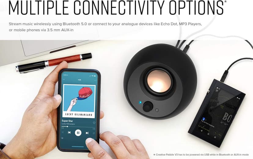 Creative Pebble V3 Minimalistic 2.0 Desktop Speakers With USB-C Audio, Clear Dialog Enhancement, Bluetooth 5.0, 8W RMS, 16W Peak Power, USB-A Converter (Black)