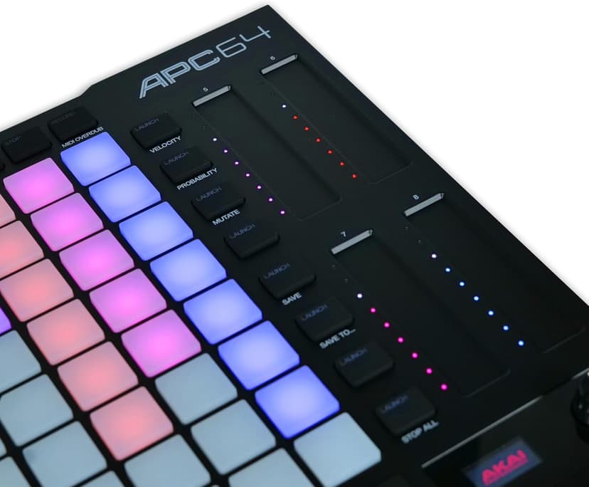 AKAI Professional APC64 Ableton MIDI Controller with 8 Touch Strips, Step Sequencer, 64 RGB Velocity-Sensitive Pads, CV Gates, MIDI In & Out, USB-C