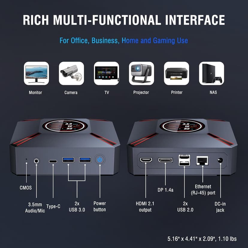 Advanced M9 Plus Compact Desktop PC with 2.1-Inch Display, Intel Core i9-12900HK (14C/20T, 5.0GHz), 32GB DDR4 RAM + 2TB NVMe SSD, Triple 4K Display, WiFi 6, BT 5.2, USB-C/Thunderbolt