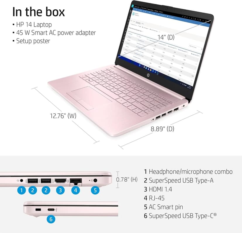HP 14 Laptop • Back to School Limited Edition with Microsoft 365 • 4-Core Intel CPU • 8GB RAM •1600GB Storage (64GB OnBoard + 512GB P500 Portable SSD + 1TB OneDrive) • Pink • Win 11