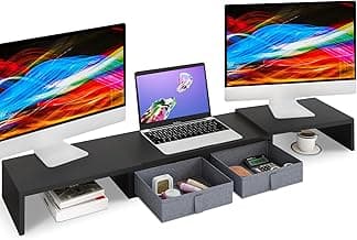 TEAMIX Wood Dual Monitor Stand Riser with Drawers-Length and Angle Adjustable Triple Monitor Stand with Storage Large Computer Riser for 2/3 Monitors/Laptops/PC/Printers