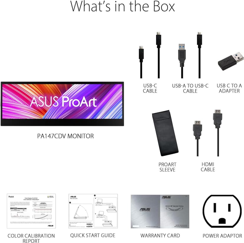 ASUS ProArt Display 14” Portable Touch Screen (PA147CDV) - 32:9 (1920 x 550), IPS, 100% sRGB, Color Accuracy ΔE < 2, Calman Verified, USB-C, Control Panel, MPP2.0 Pen Support, Adobe Suite Shortcut