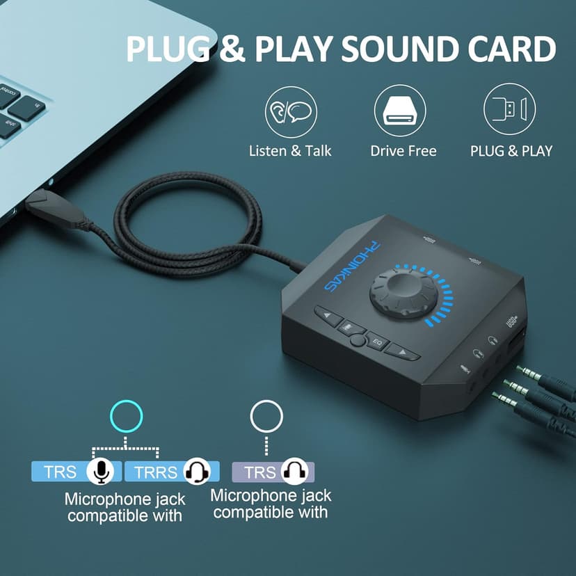T10 External Sound Card, PHOINIKAS USB Audio Adapter for PC Windows, Mac, Linux, Laptops, Desktops, Stereo Sound Card with 3.5mm Interface & USB Interface, Volume Control, Plug & Play (6-in-1, Black)