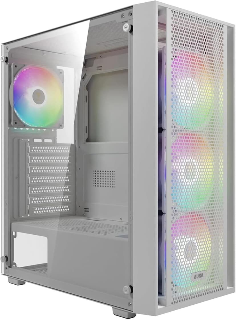 GAMDIAS White ATX Mid Tower Gaming Computer PC Case with Side Tempered Glass, Preinstalled 4X 120mm ARGB Fans, Support Up to 6X 120mm Fans, 360mm AIO/Radiator, 340mm GPU/VGA, 160mm CPU Air Cooler